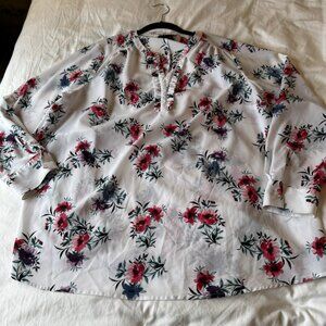 Lane Bryant Floral Blouse Size 14 White Long Sleeve V-Neck Ruffle Top